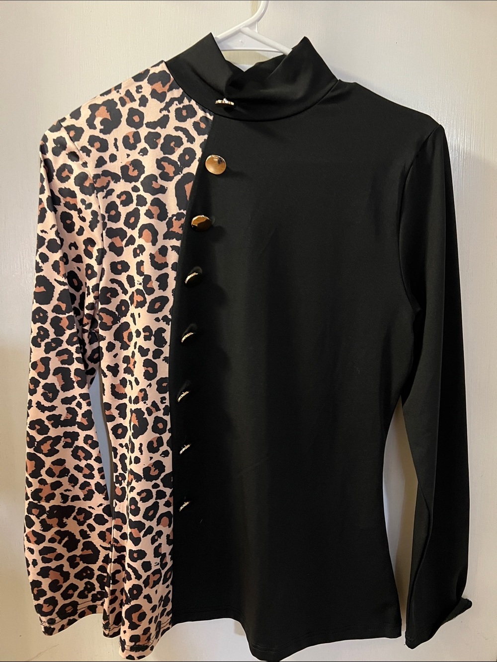 Black & Leopard Half-Print Mock Neck Long Sleeve Top